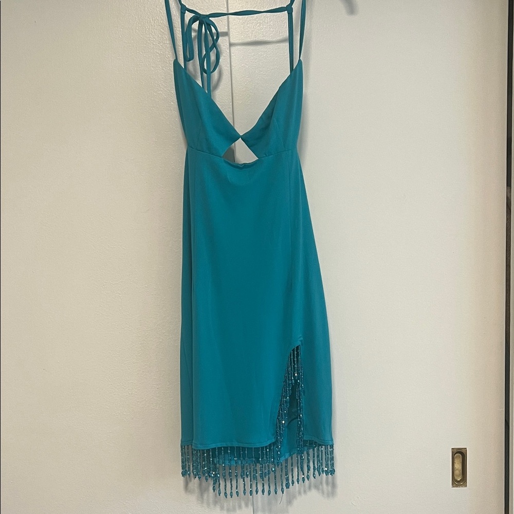 Meshki Teal Backless Dress with Beaded Fringe